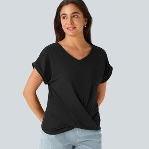 NEW HALARA SIZE L BLACK V-NECK BATWING SLEEVE TWISTED HEM CASUAL BLOUSE SHIRT TO